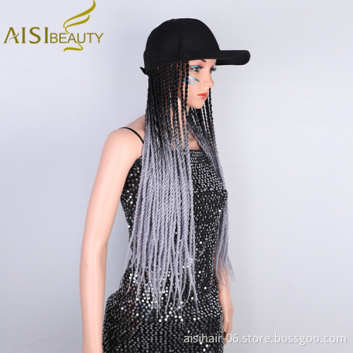 Aisi Beauty Hot Selling Easy Wearing Long Ombre Grey Dark Root Machine Made Baseball Hat With Crochet Twist Braiding Hair